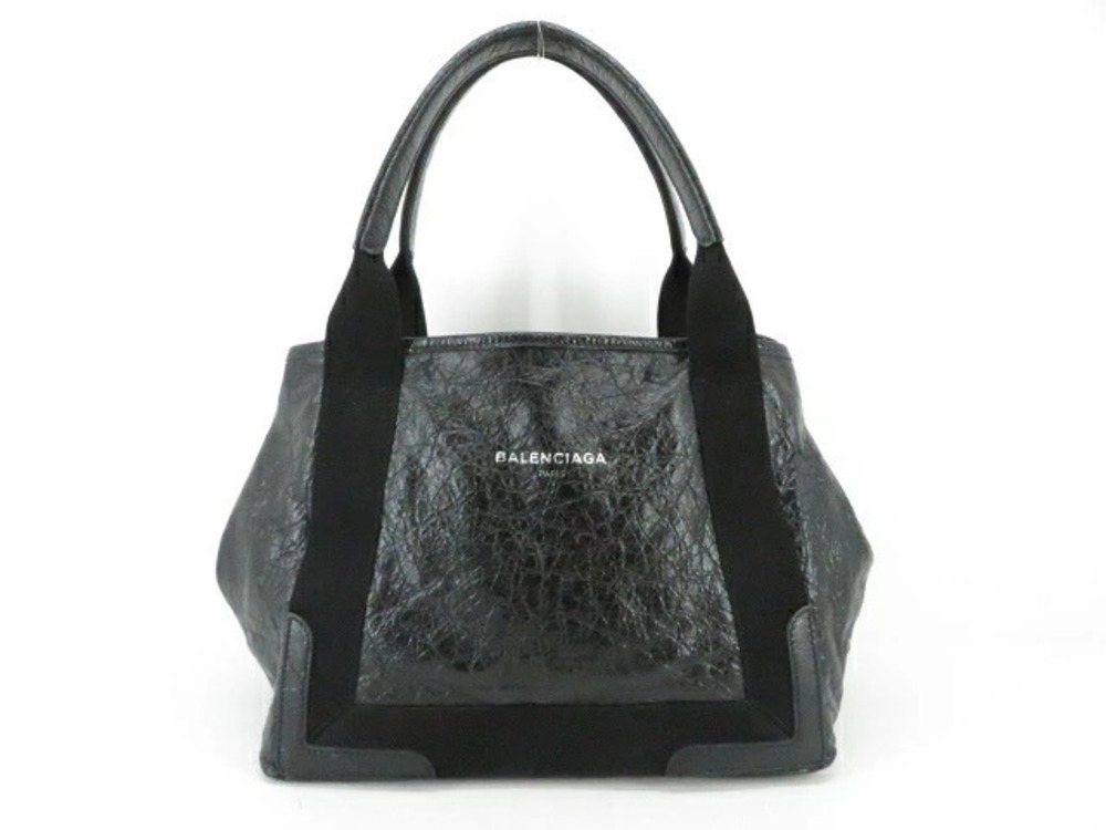 Balenciaga Navy Blue Cabas Tote Bag Embossed Leather Black